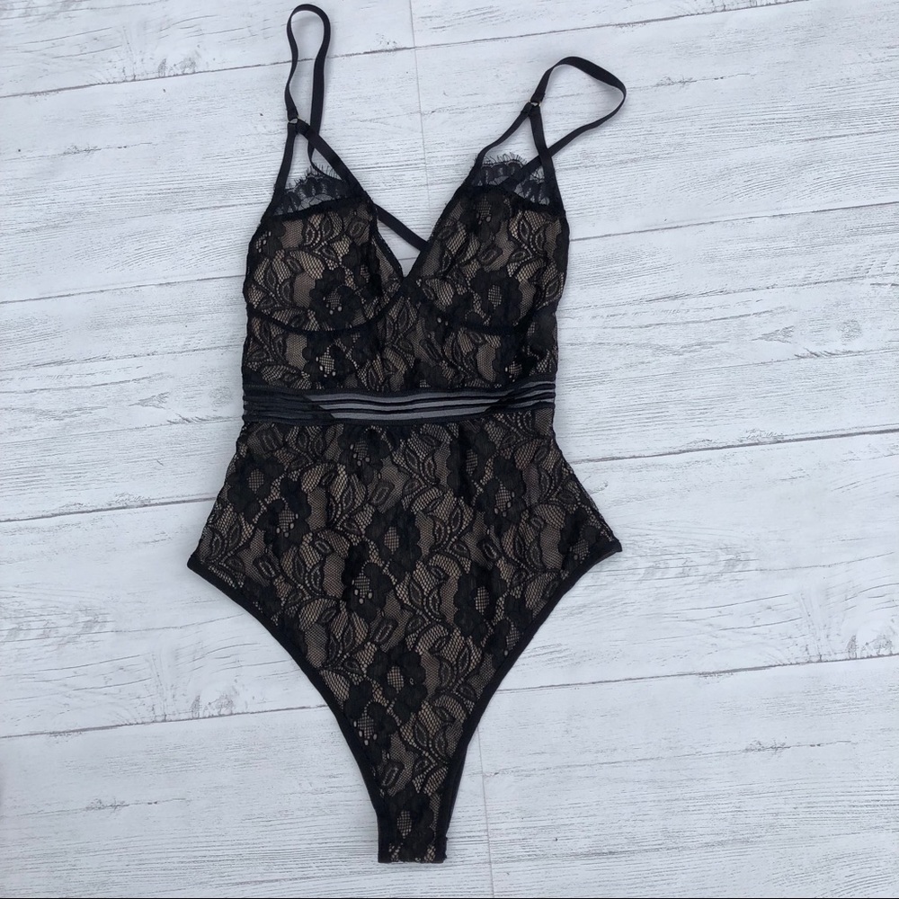 Lace Bodysuit in Black & Nude
